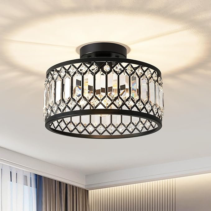 Crystal Black Ceiling Light, Modern Semi Flush Mount Ceiling Lighting Fixture, Round