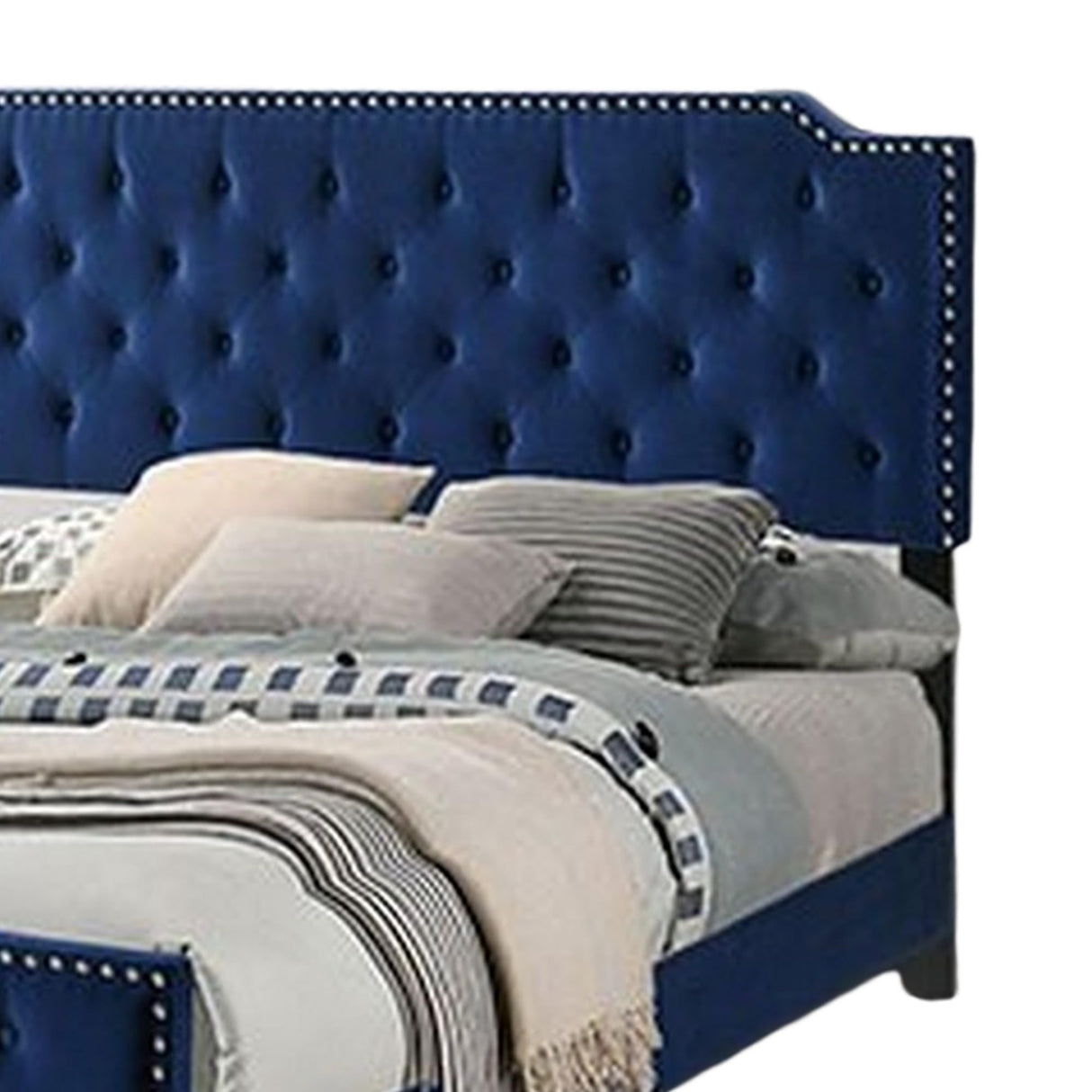 Agapi California King Bed, Button Tufted, Nailhead Trim, Upholstery, Navy Blue