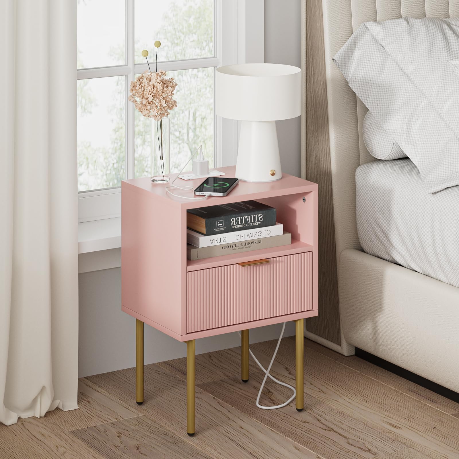 Charging Station,Mid-Century Modern Bedside Table with Storage Drawer and Open