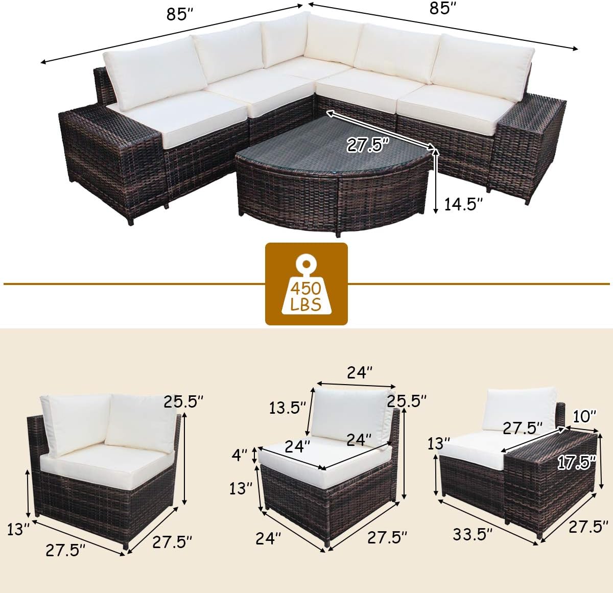 Tangkula 6 Piece Wicker Patio Furniture Set, Outdoor All Weather PE Rattan Conversation Set w/Tempered Glass Coffee Table, Sectional Sofa Set w/Comfortable Cushions for Backyard, Garden (White)