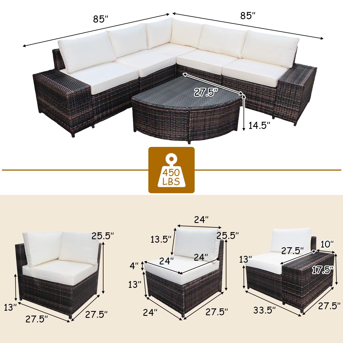 Tangkula 6 Piece Wicker Patio Furniture Set, Outdoor All Weather PE Rattan Conversation Set w/Tempered Glass Coffee Table, Sectional Sofa Set w/Comfortable Cushions for Backyard, Garden (White)