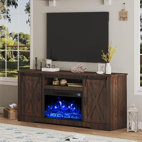 Fireplace TV Stand Sliding Barn Door Farmhouse