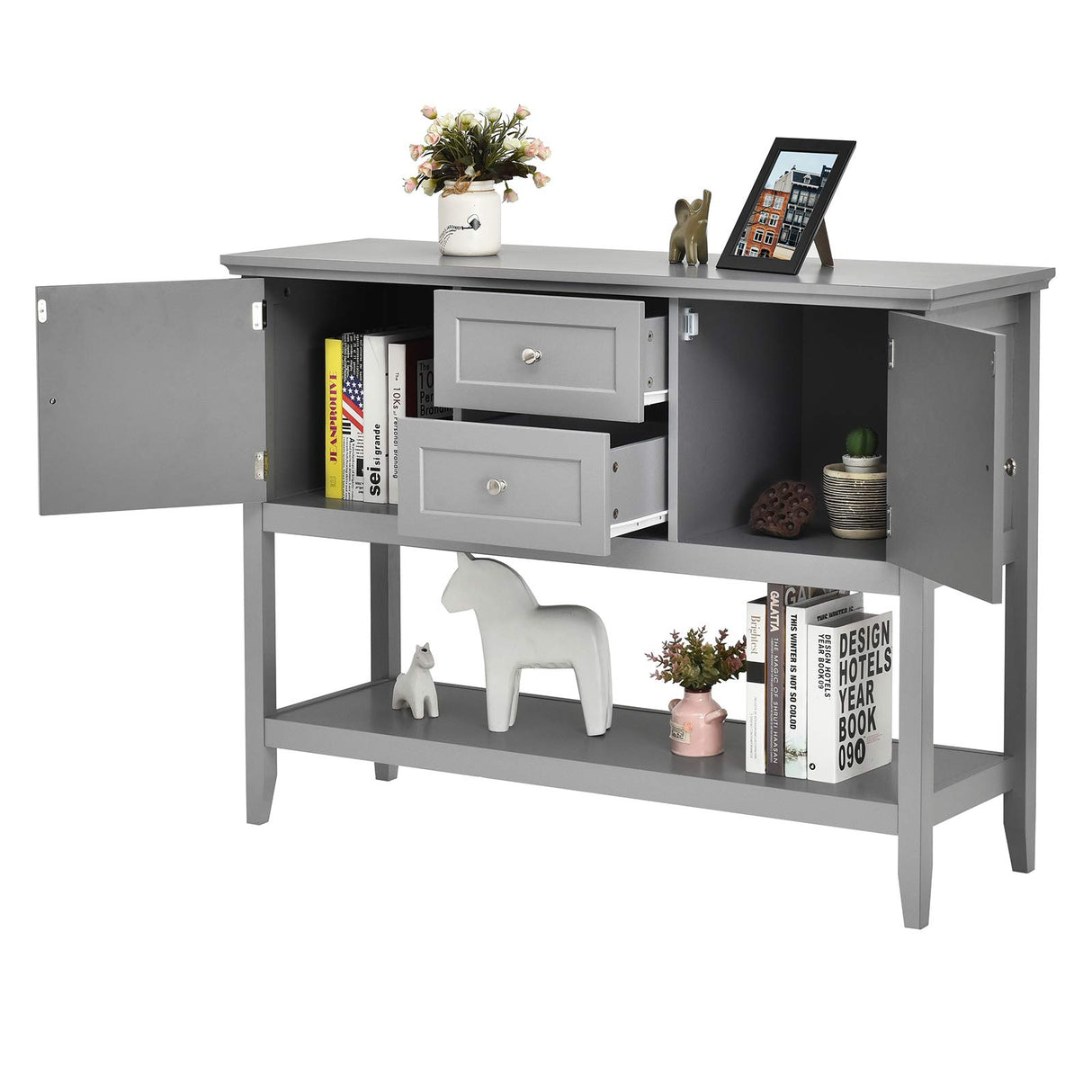 Buffet Sideboard, Wood Storage Cabinet, Console Table with Storage Shelf, 2 Drawers and Cabinets, Living Room Kitchen Dining Room Furniture, Wood Buffet Server (Grey)