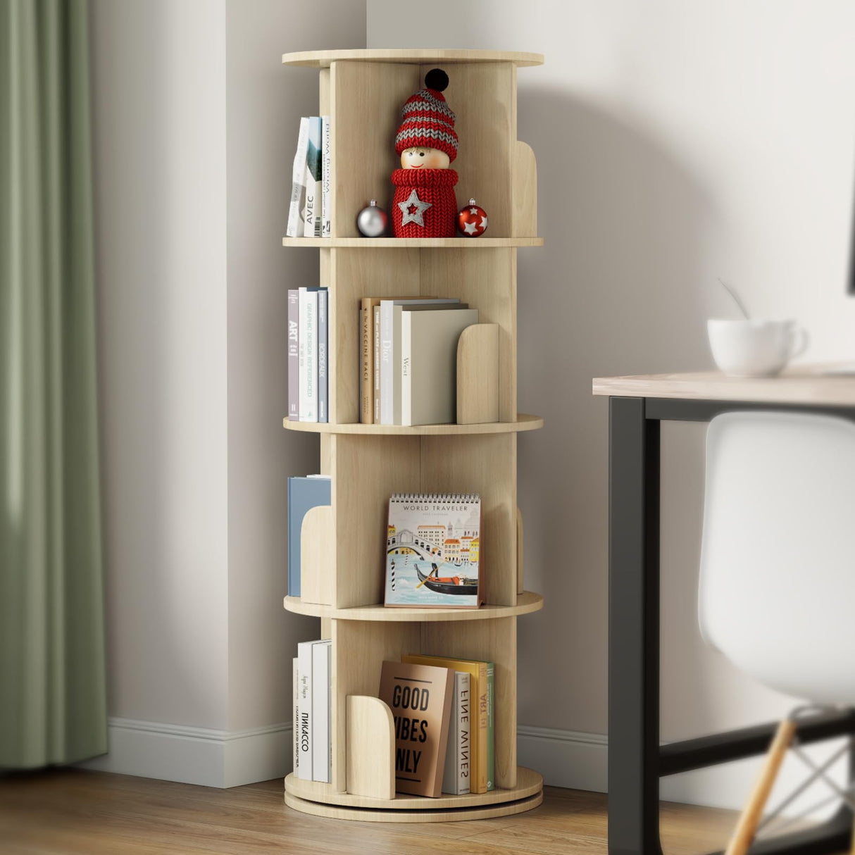 Rotating Bookshelf - Solid Wood Rotating Bookshelf Tower with 4 Drawers