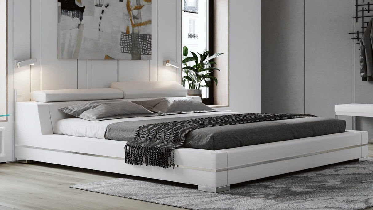 Hera Genuine White Leather Platform Bed with Adjustable Headrests - King