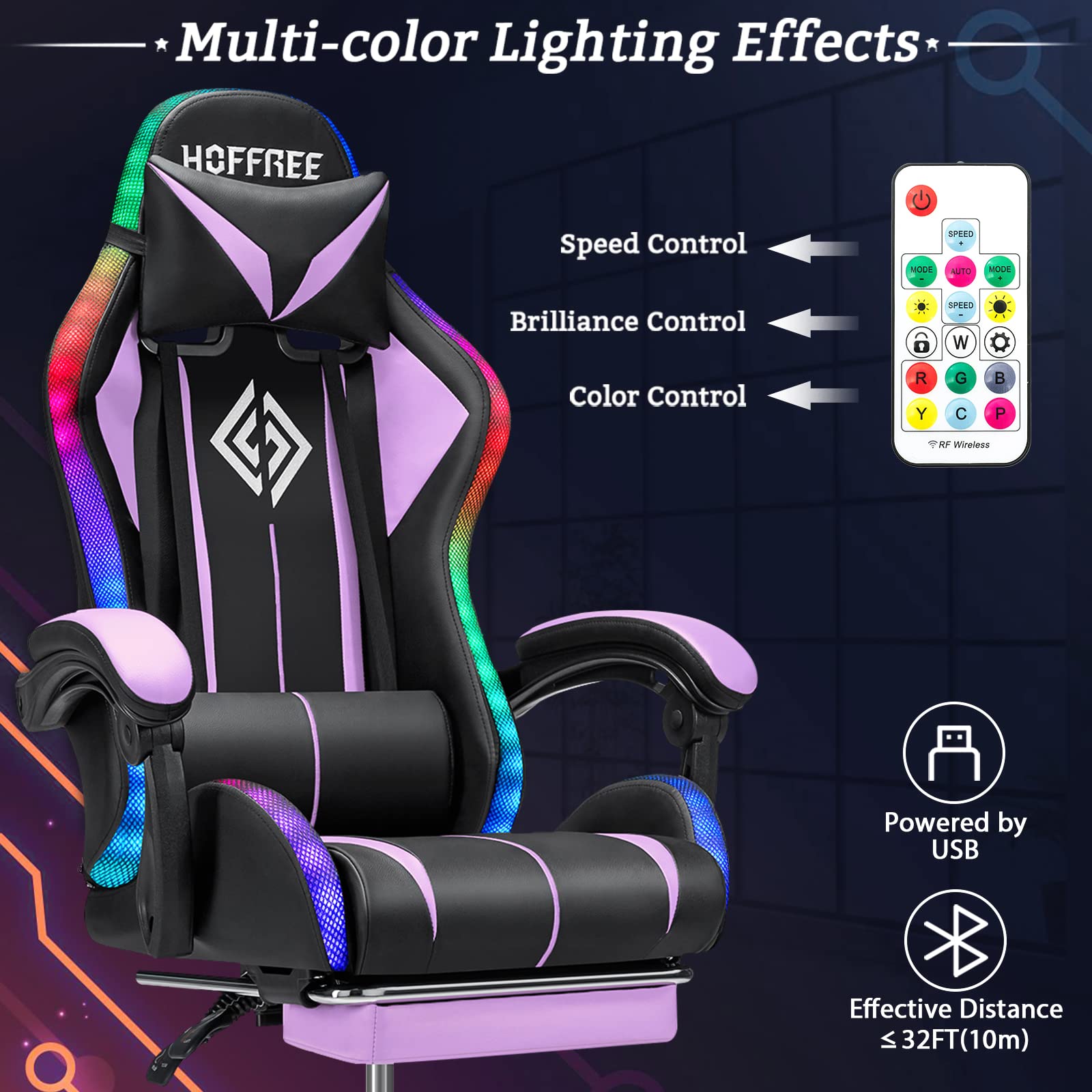 Ergonomic Gaming Chair with Bluetooth Speakers, LED RGB Lights & Massage