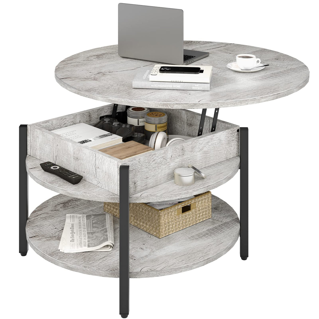 Round Lift Top Coffee Table, 35.43’’ Circle Coffee Table with Storage