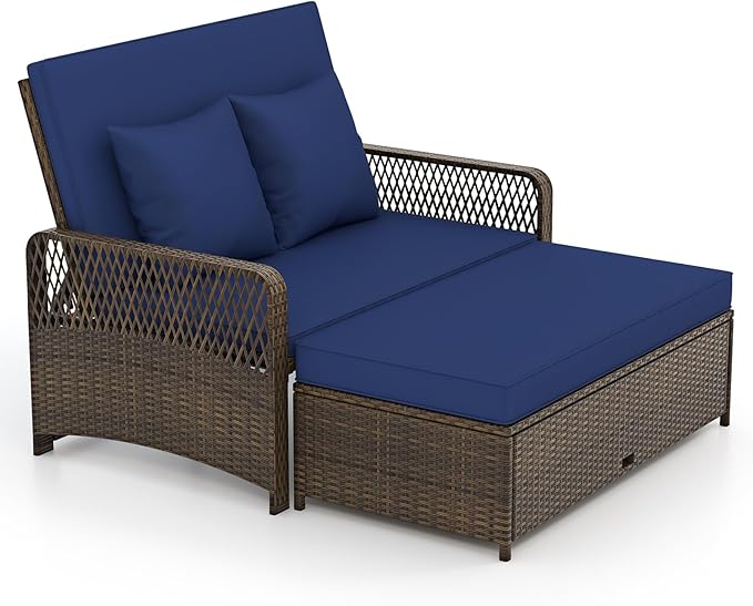 Patio Adjustable Wicker Daybed, Rattan Loveseat & Storage Ottoman w/ 4-Level Backrest