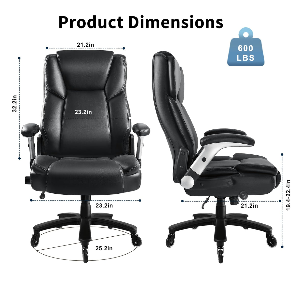 Heavy Duty Office Chair 600LBS - High Back Executive Leather Chair with Lumbar Support