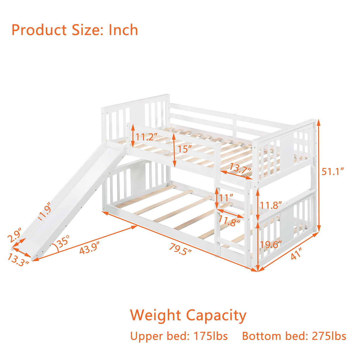 Montessori Floor Bunk Bed Twin Over Twin, Twin Bunk Bed with Slide and Ladder