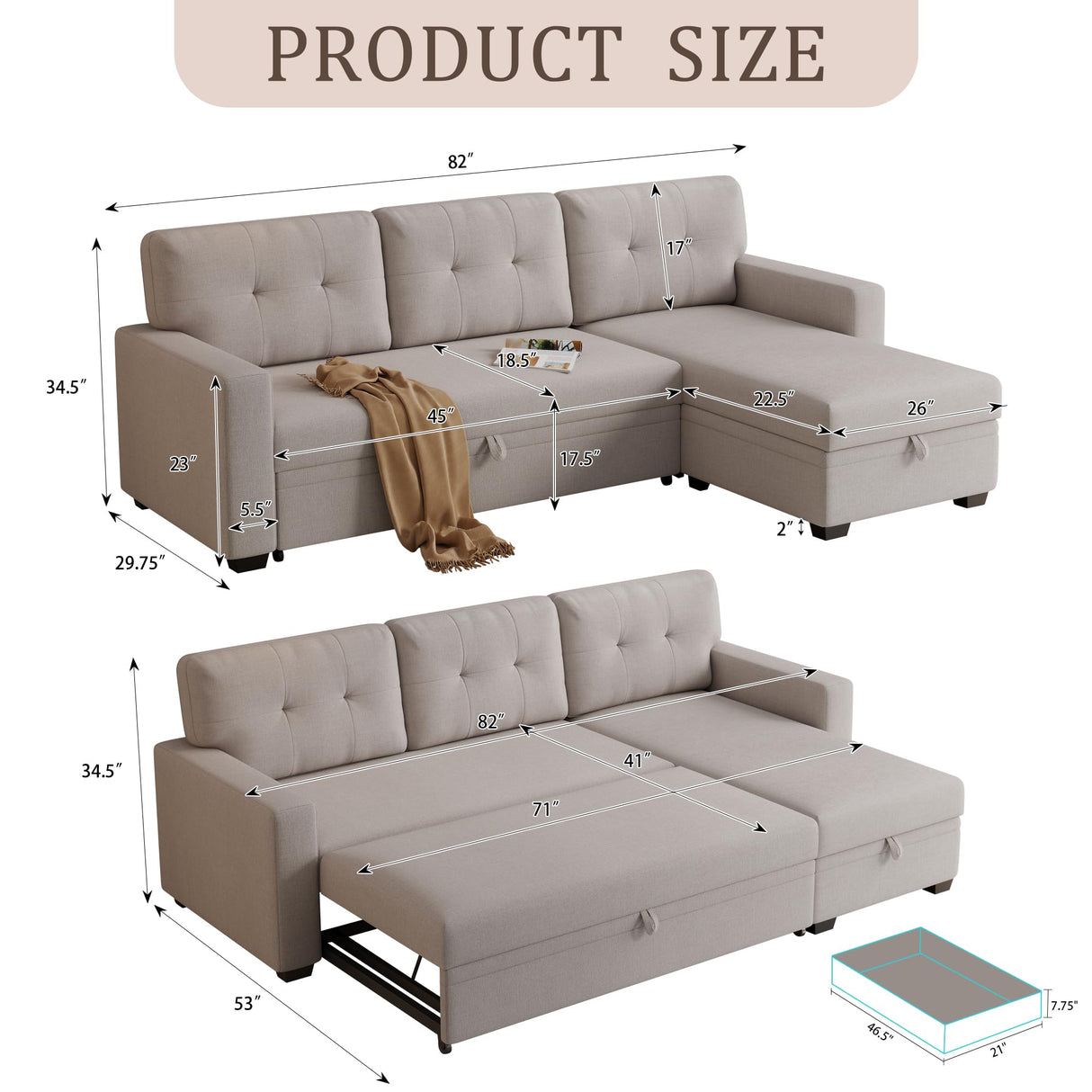 ACQCA 82" Convertible Sectional Sleeper Sofa with Storage Chaise, L Shaped Pull Out Couch Bed with 3 Tufted Back Cushion for Living Room, Apartment,Office,Beige