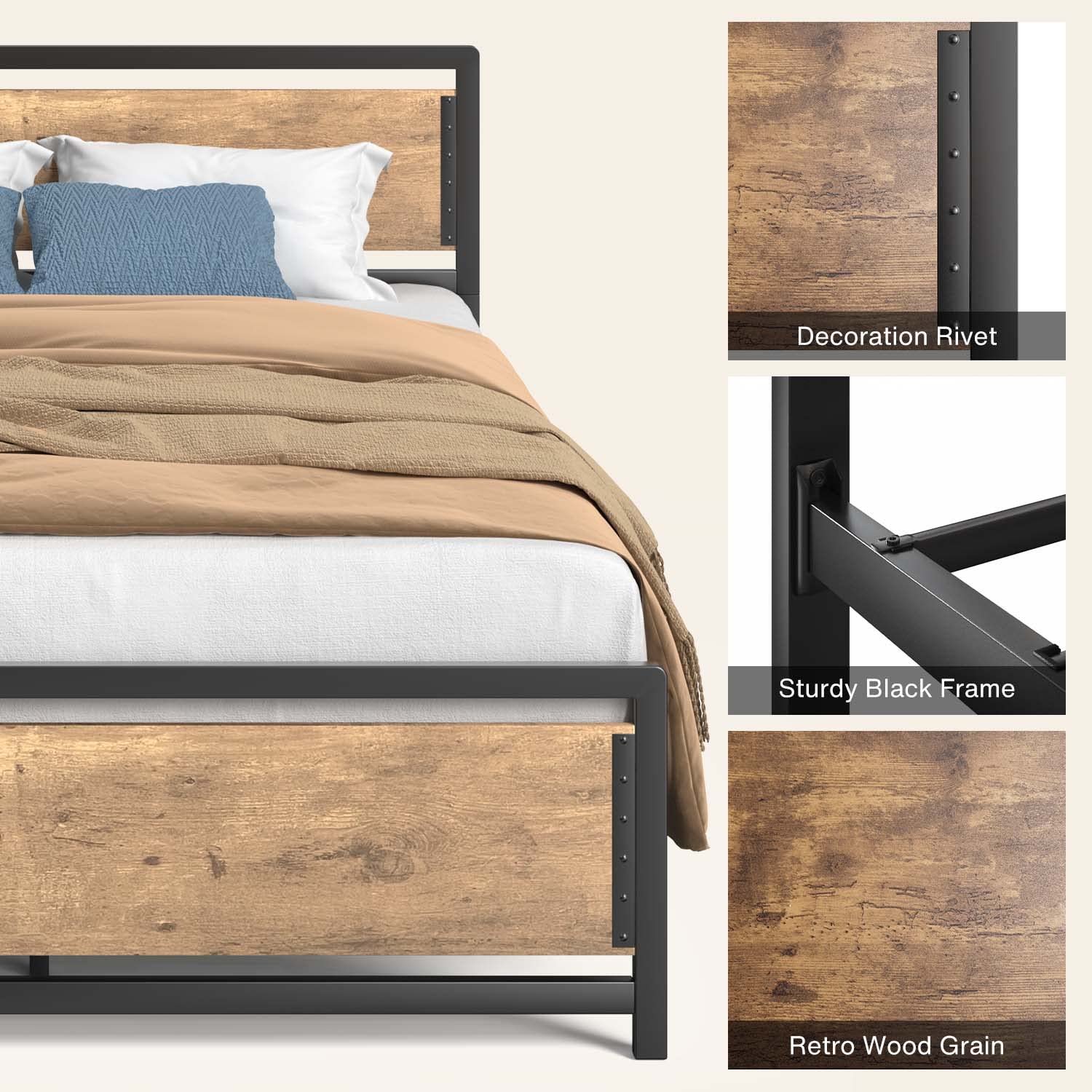 Queen Metal Platform Bed Frame with Wooden Headboard, 15 Iron Slats, Large Underbed Storage, Easy Assembly,