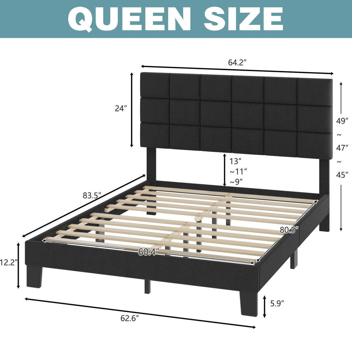 Queen Bed Frame with Headboard Linen Upholstered Bed Frame with Wood Slats Support,