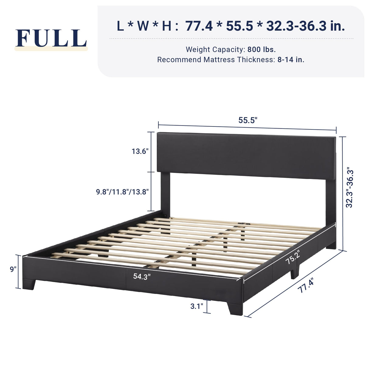 Full Size Bed Frame with Adjustable Headboard, Faux Leather Platform Bed with Wood