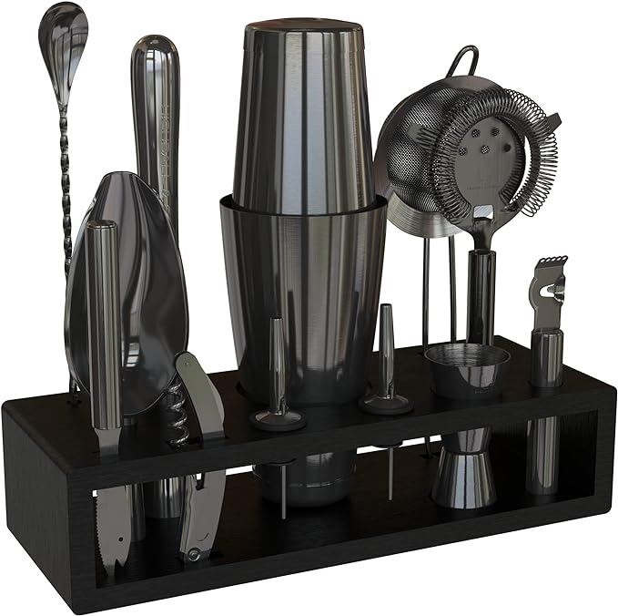 Bartender Kit with Black Bamboo Stand Beautiful Cocktail Shaker Set