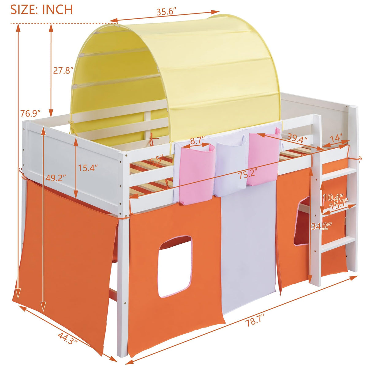 Playhouse Twin Size Loft Bed with Tent and Tower