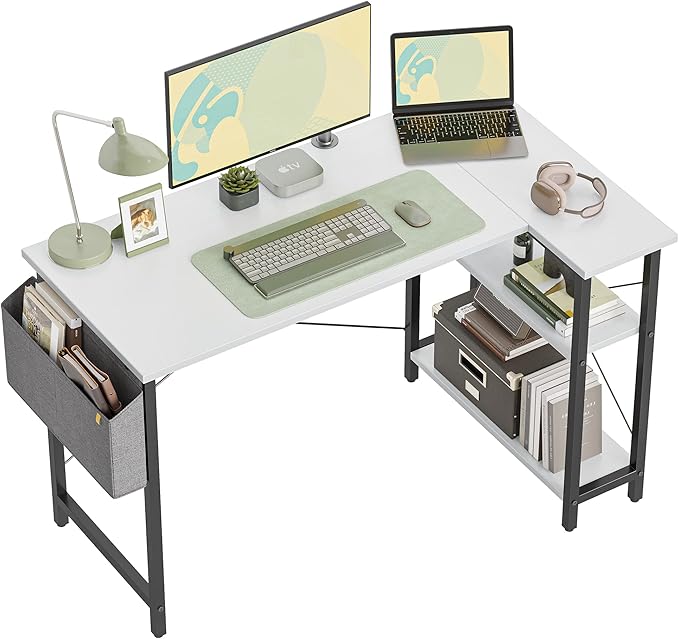 L Shaped Desk, 40 Inch Computer Desk with Reversible Storage Shelves Home Office Corner Desk Study Writing Table, Deep Brown