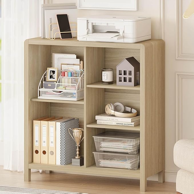 5 Cube Bookshelf, Wood Bookcase with 3 Adjustable Shelves