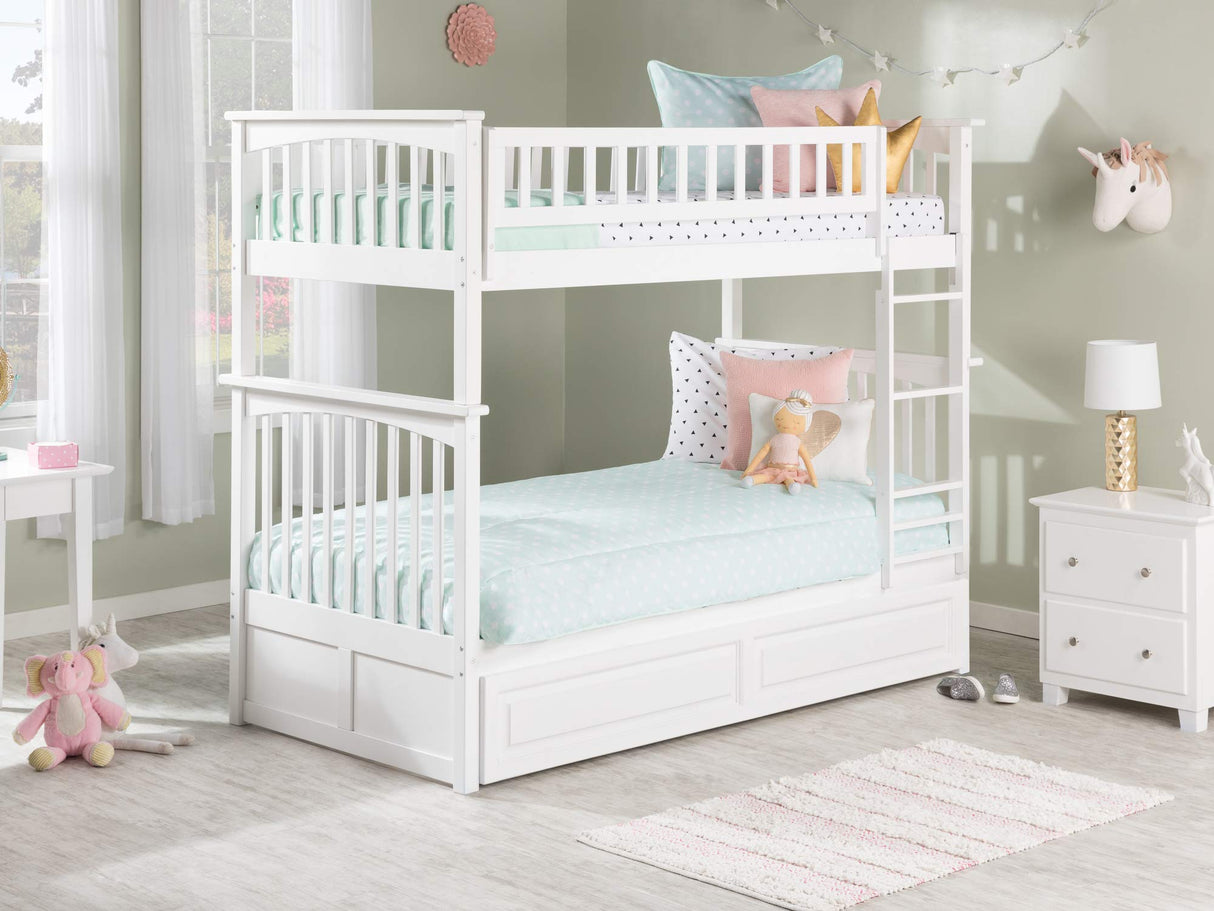 Columbia Twin over Twin Size Bunk Bed with Twin Raised Panel Trundle in White