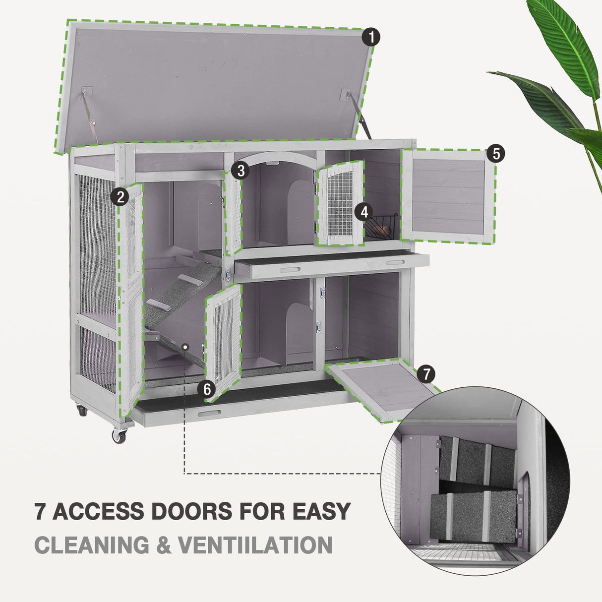 Two-Story Rabbit Hutch with Wheels Guinea Pig Cage Indoor Outdoor Bunny Cage