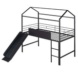 Slide and Chalkboard, Low Loft Bed Twin Size, Metal House Bed with Guardrail and Ladder, Metal Twin Size Loft Bed for Kids Teens Girls Boys (Twin, Black)