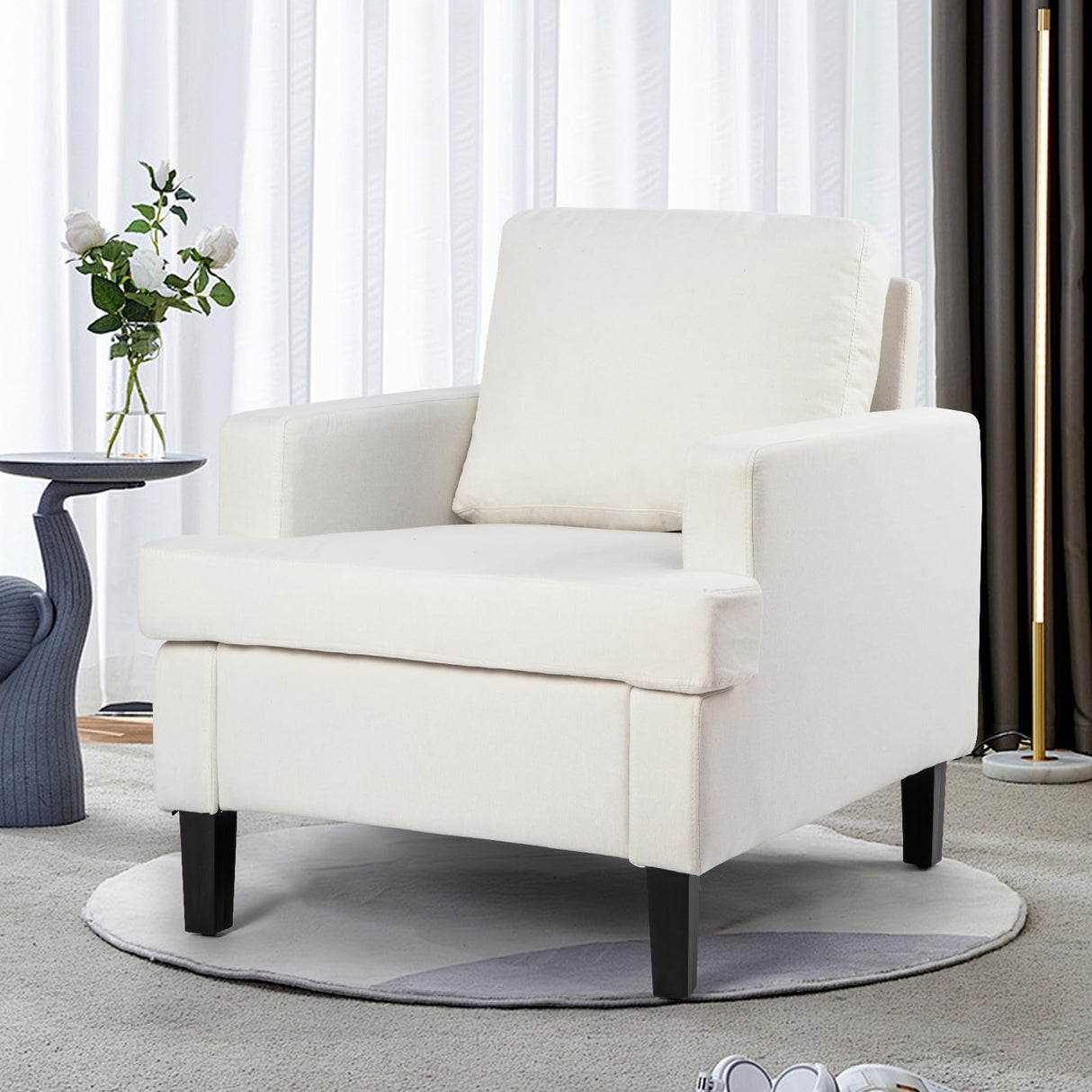 FERLAXY Mid-Century Accent Chair, Comfy Linen Fabric Armchair with Thick Cushion, Modern Upholstered Single Sofa Chair, Living Room Side Chair for Small Space, Ivory