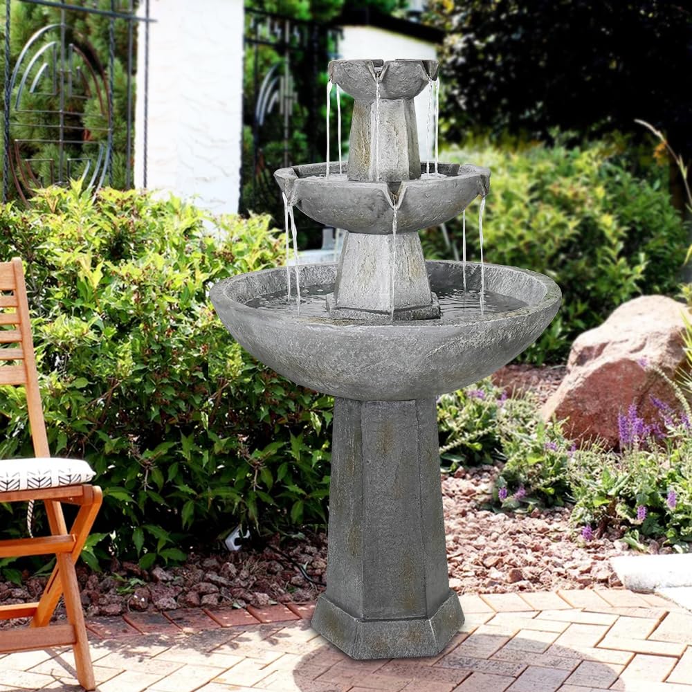 43.3” High Outdoor Water Fountain, 3-Tiers Concrete Outdoor Floor Waterfall Fountain
