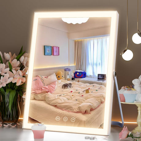 Mirror with Lights,10"x12" Lighted Makeup Mirror, 3 Colors Dimmable, 360 Degree Rotation Makeup Mirror