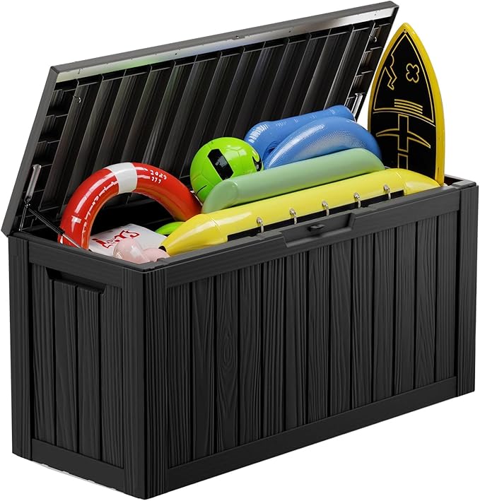 EasyUp 150 Gallon Outdoor Storage Box, Resin Waterproof UV-Resistant Deck Box with Hydraulic Lid Support, Reinforced Stability for Patio, Garden, and Poolside, Striped Black