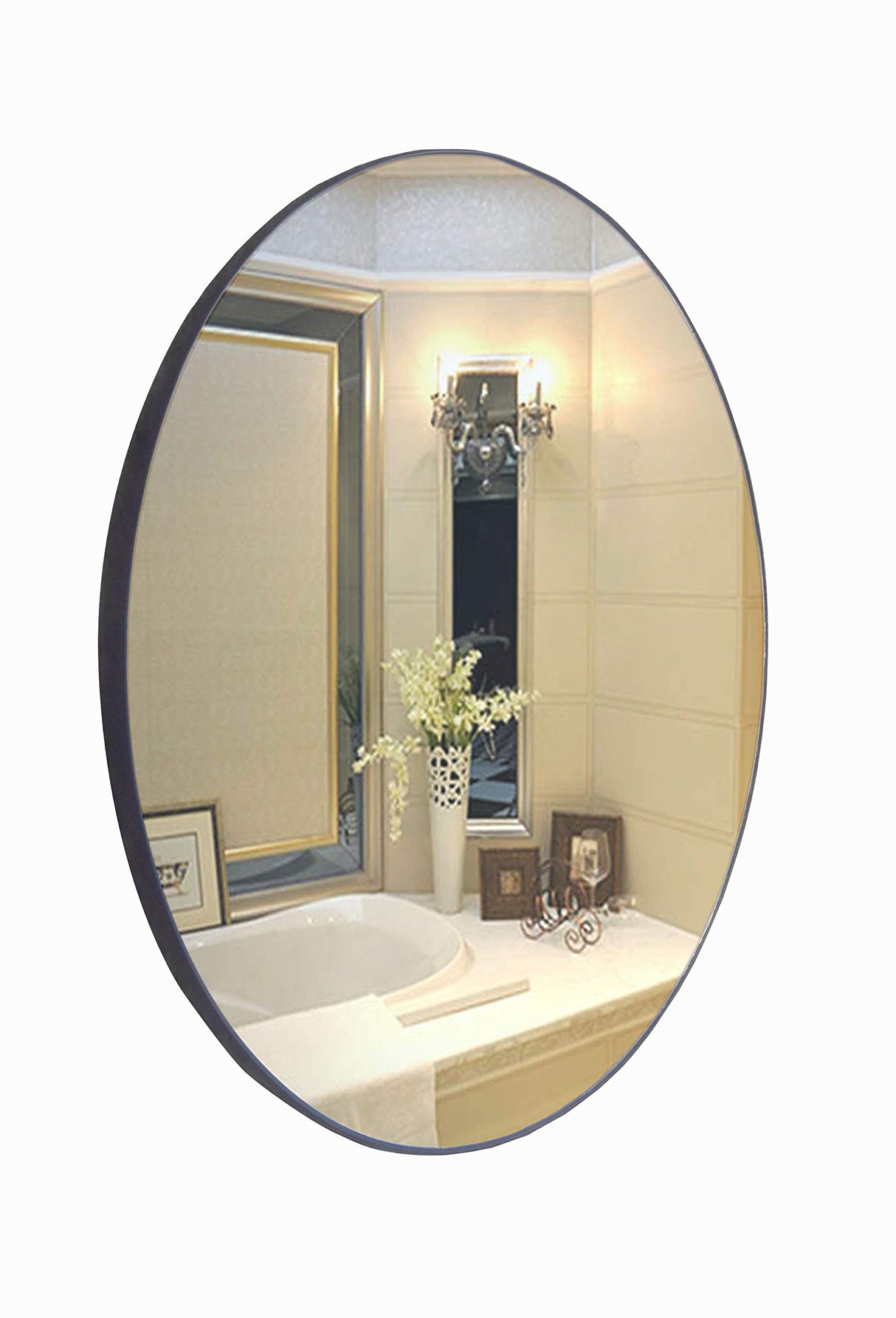 24-Inch Diameter Round Wall Mirror, Black Rubber Rim 18159