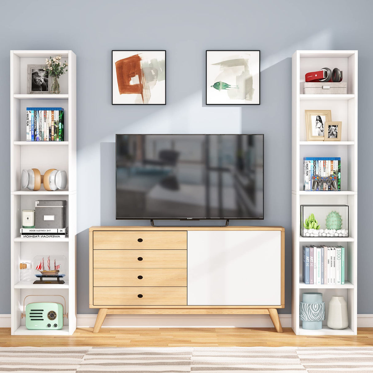 70.9 Inch Tall Narrow Bookcase, Modern White Corner Bookcase with Storage