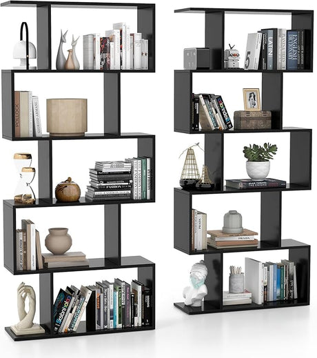 5-Tier Geometric Bookshelf, S Shaped Bookcase w/Anti-Toppling Device, Freestanding