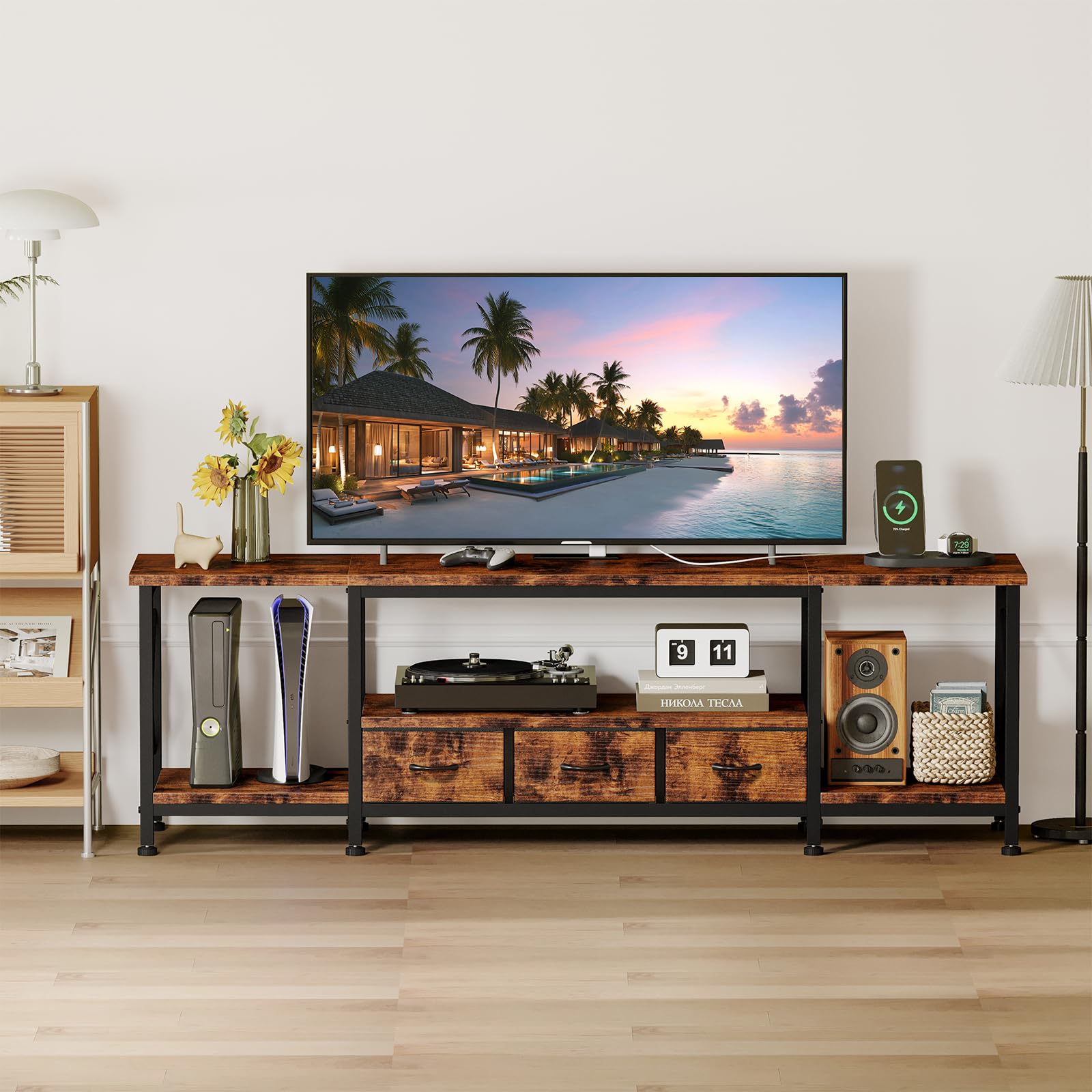 63" Rustic Brown TV Stand with Power Outlets and Storage