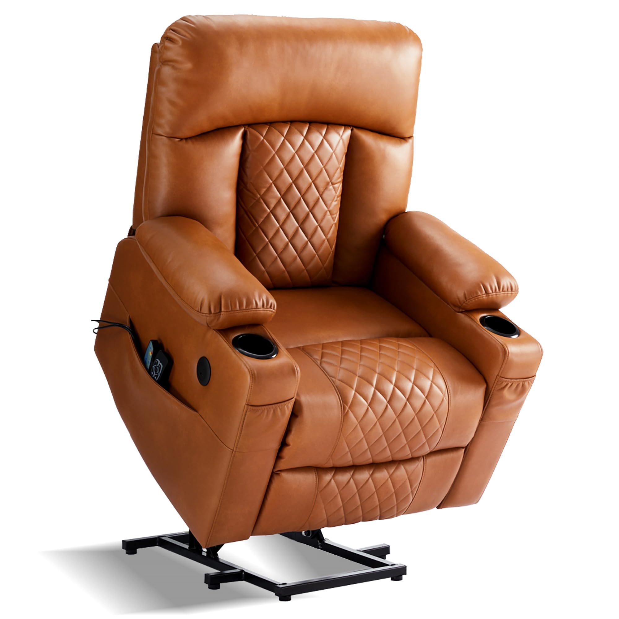 Electric Lift Recliner Chair for Elderly,Dual Motor Lay Flat Leather Recliners with Heat and Massage,One Touch Reset with Cupholder,USB & Type C Ports (Light Brown)