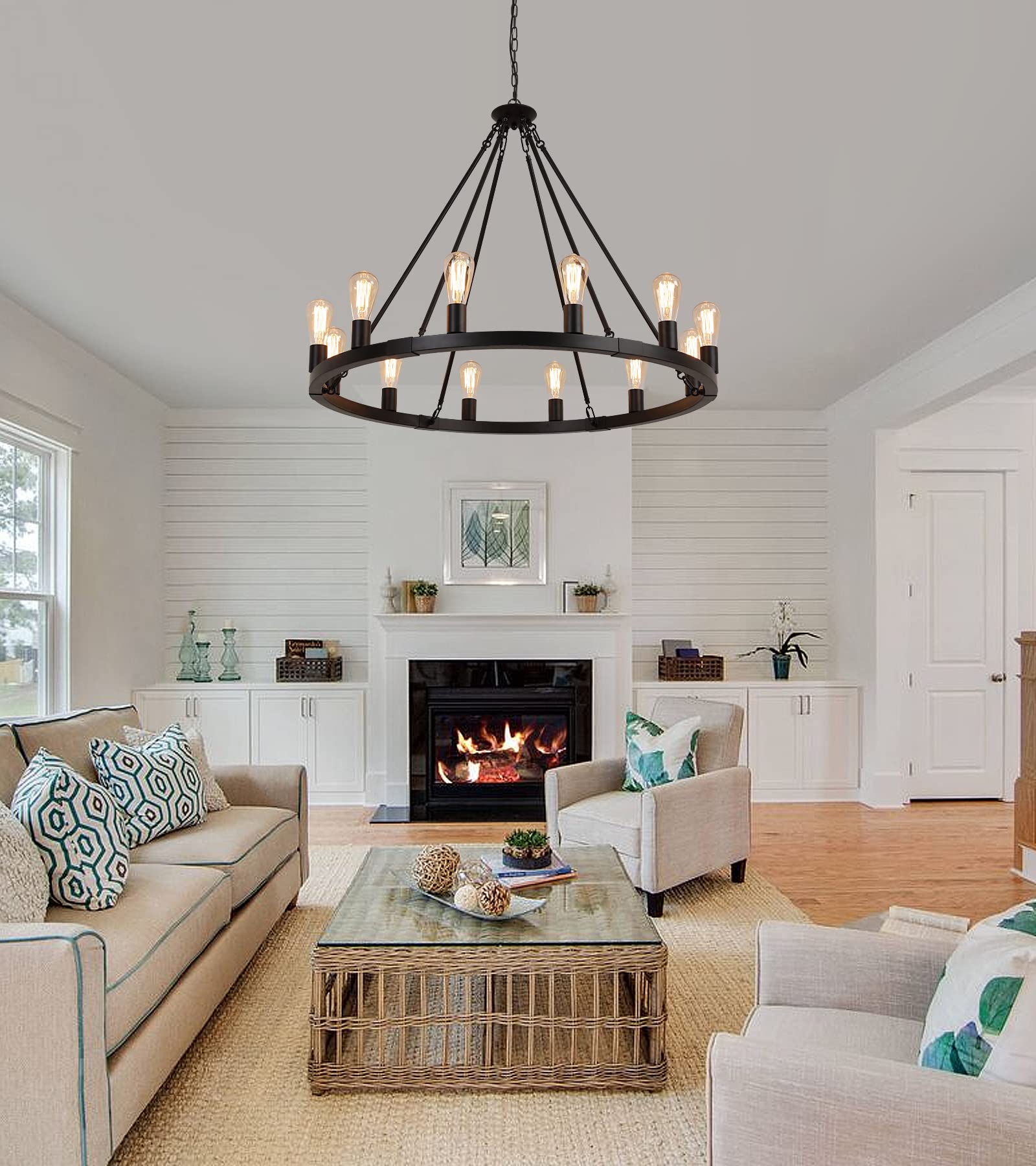 Large Farmhouse Wagon Wheel Chandelier,Black Industrial Round 12 Lights Dining Room