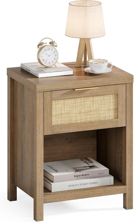 Rattan Nightstand Set 2: Boho End Table with Drawer and Storage Shelf, Farmhouse Cane