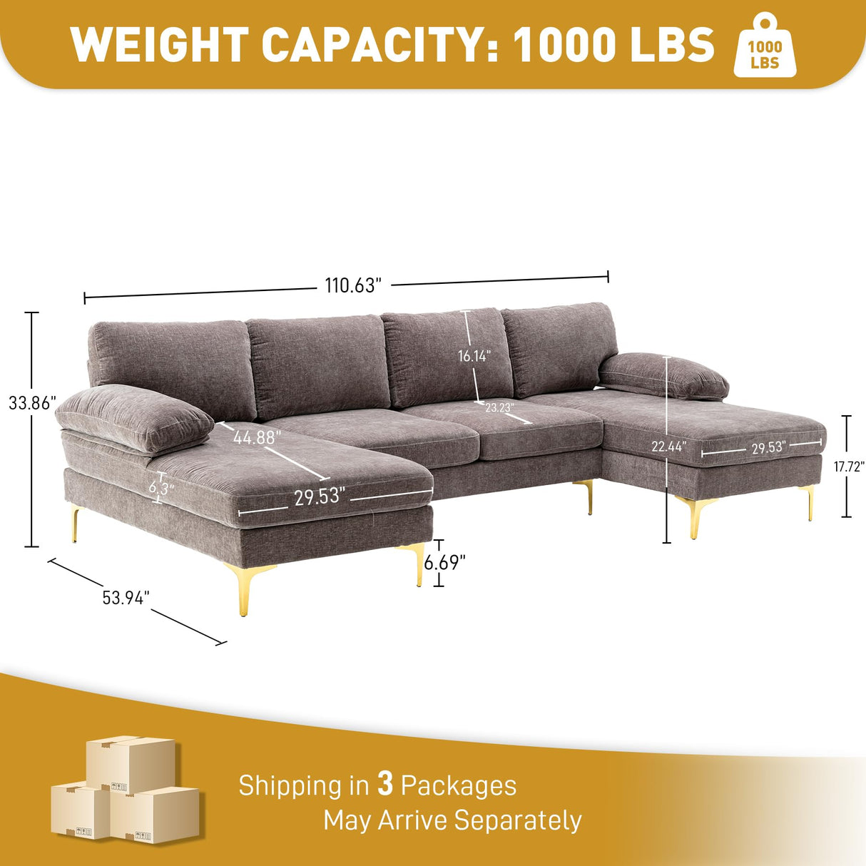 U-Shaped Sectional Sofa Couch, 4 Seat Sofa Set for Living Room, 110.6" L-Shaped