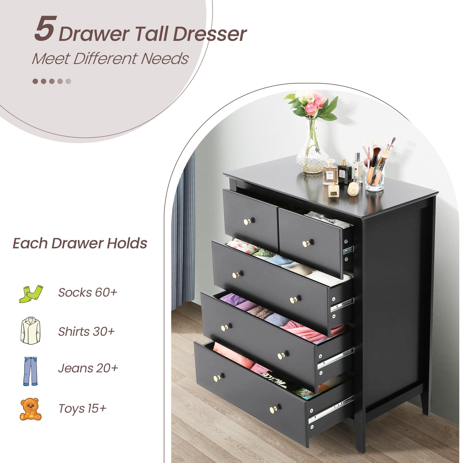 5 Drawer Chest, Tall Chest of Drawers Closet Organizers and Storage Clothes