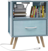 Night Stand with Charging Station, Blue Kids Nightstand with Drawer