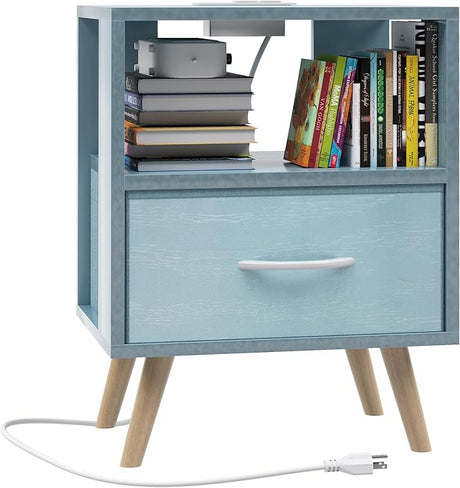 Aenuert Night Stand with Charging Station, Blue Kids Nightstand with Drawer, 3-Tier Nursery Bedside Table with USB Ports and Outlets, End Table for Small Space, Living Room, Bedroom