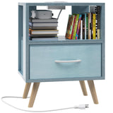 Night Stand with Charging Station, Blue Kids Nightstand with Drawer