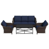 4 Pieces Outdoor Patio Conversation Furniture Set - Rattan Wicker Loveseat Sofa | 78" 3-Seat Couch | 2 Chairs | Metal Coffee Table, Washable Cushions, Garden, Deck, Terrace (Navy)