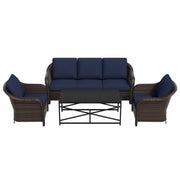 4 Pieces Outdoor Patio Conversation Furniture Set - Rattan Wicker Loveseat Sofa | 78" 3-Seat Couch | 2 Chairs | Metal Coffee Table, Washable Cushions, Garden, Deck, Terrace (Navy)