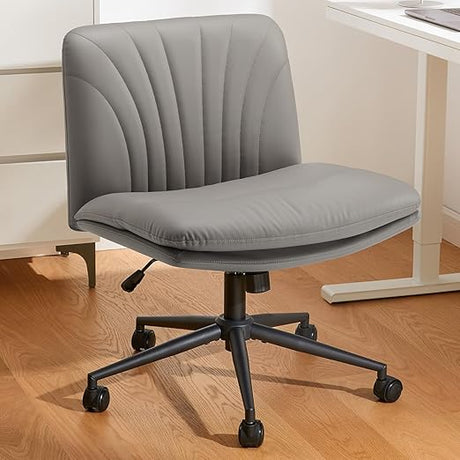 Armless-Office Desk Chair with Wheels: PU Leather Cross Legged Wide Chair