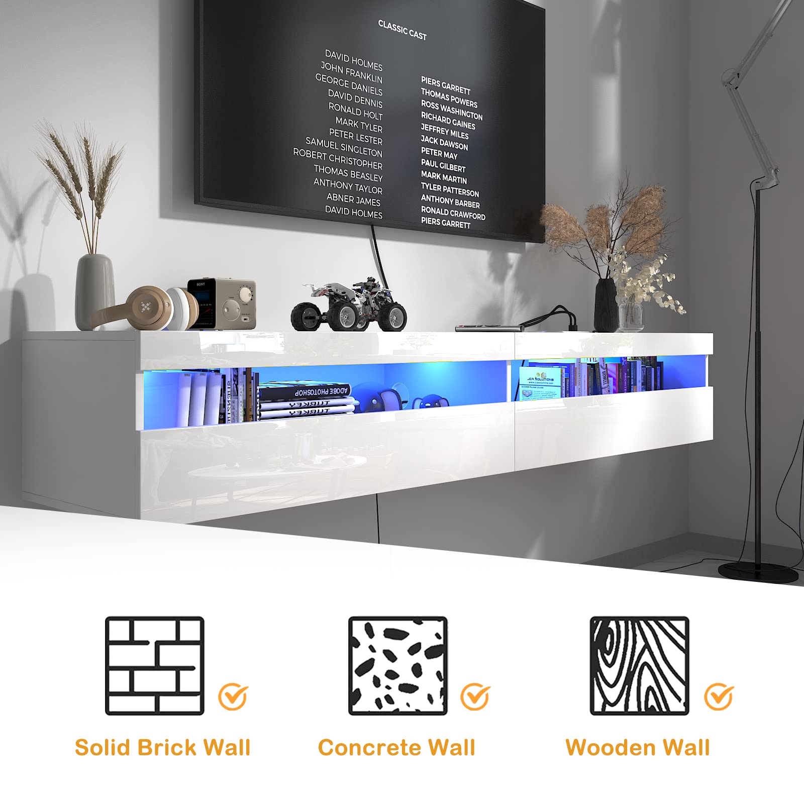Floating TV Stand, Wall Mounted TV Shelf with Led Lights & Power Outlet