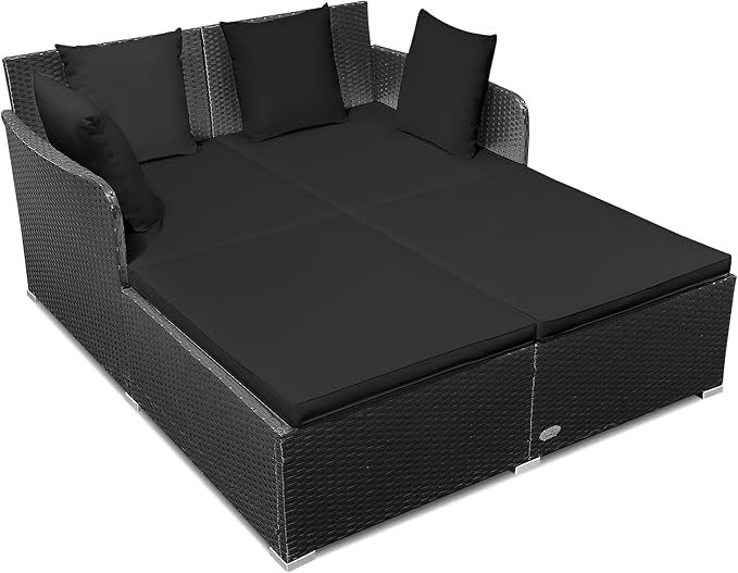 Rattan Patio Outdoor Daybed, Wicker 2-Person Sunbed Loveseat with Soft Cushions