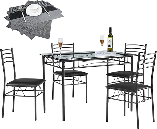 5 Piece Dining Table Set for 4 with Chairs, Glass Tabletop, Small Space, Silver