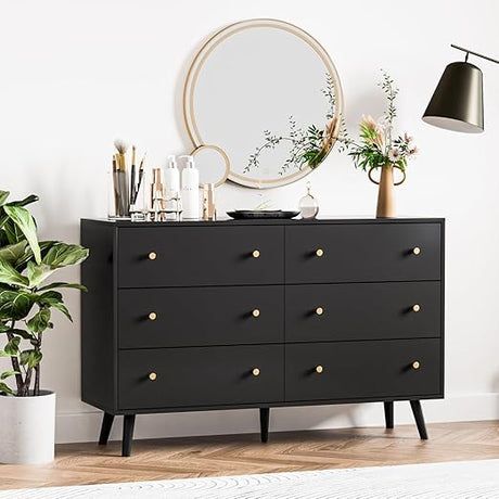 White 6 Drawer Dresser for Bedroom, Modern Dresser with Gold Handle