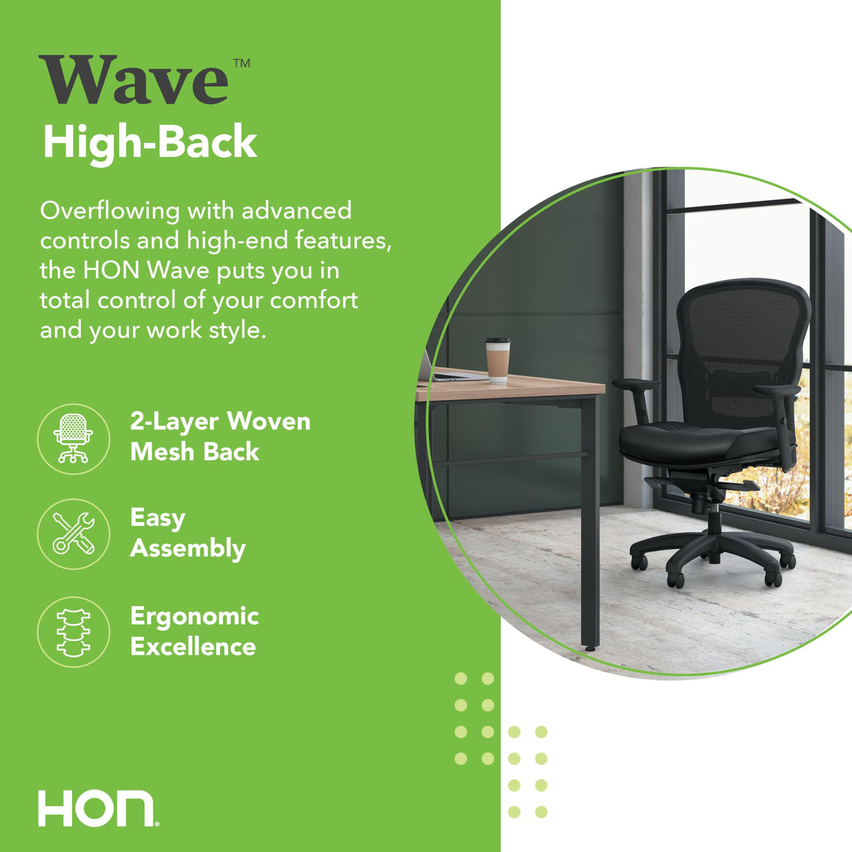 Wave Executive Leather Chair - Mesh High-Back Task Chair with Arms, Black (HVL701)