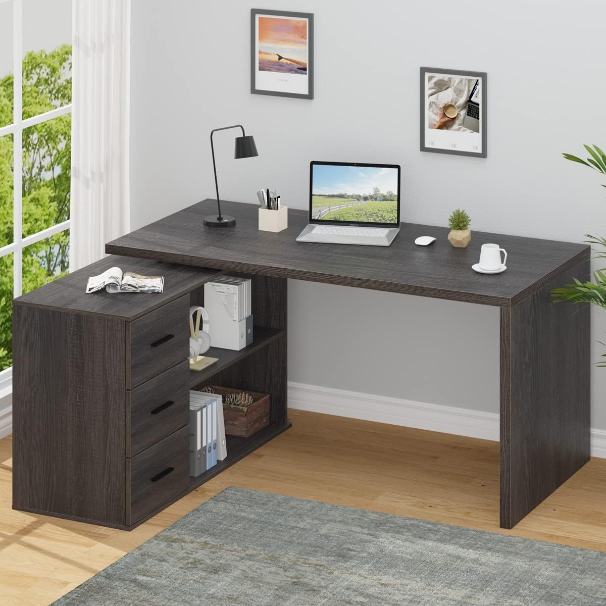 L Shaped Computer Desk with Drawers, 360 Rotating L Shape Desk with Storage Cabinet